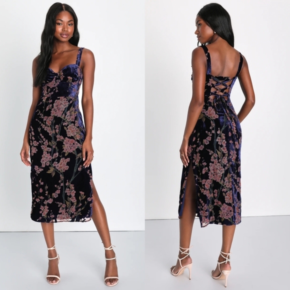 Lulus Romantic Stunner Navy Blue Floral Burnout Velvet Lace-Up Dress XL Wedding - Picture 1 of 10